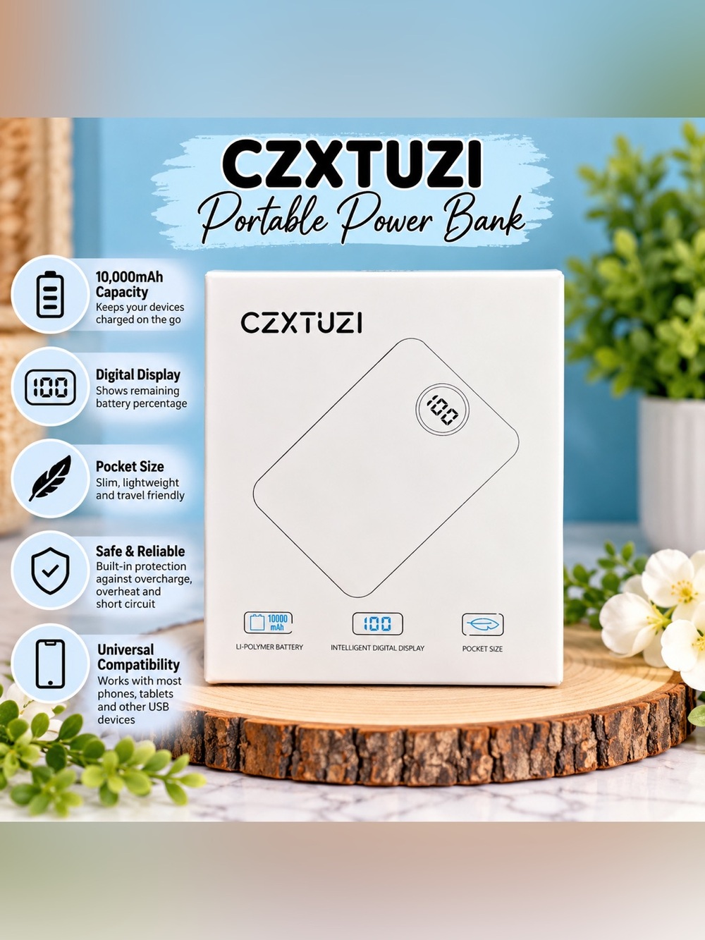White Portable Power Bank 10,000mAh with Digital Display